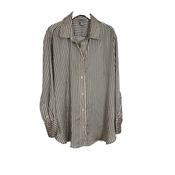 H&M Tops - H&M Ivory Black Striped Long Sleeve Button Up Shirt Women’s L Satin Oversized